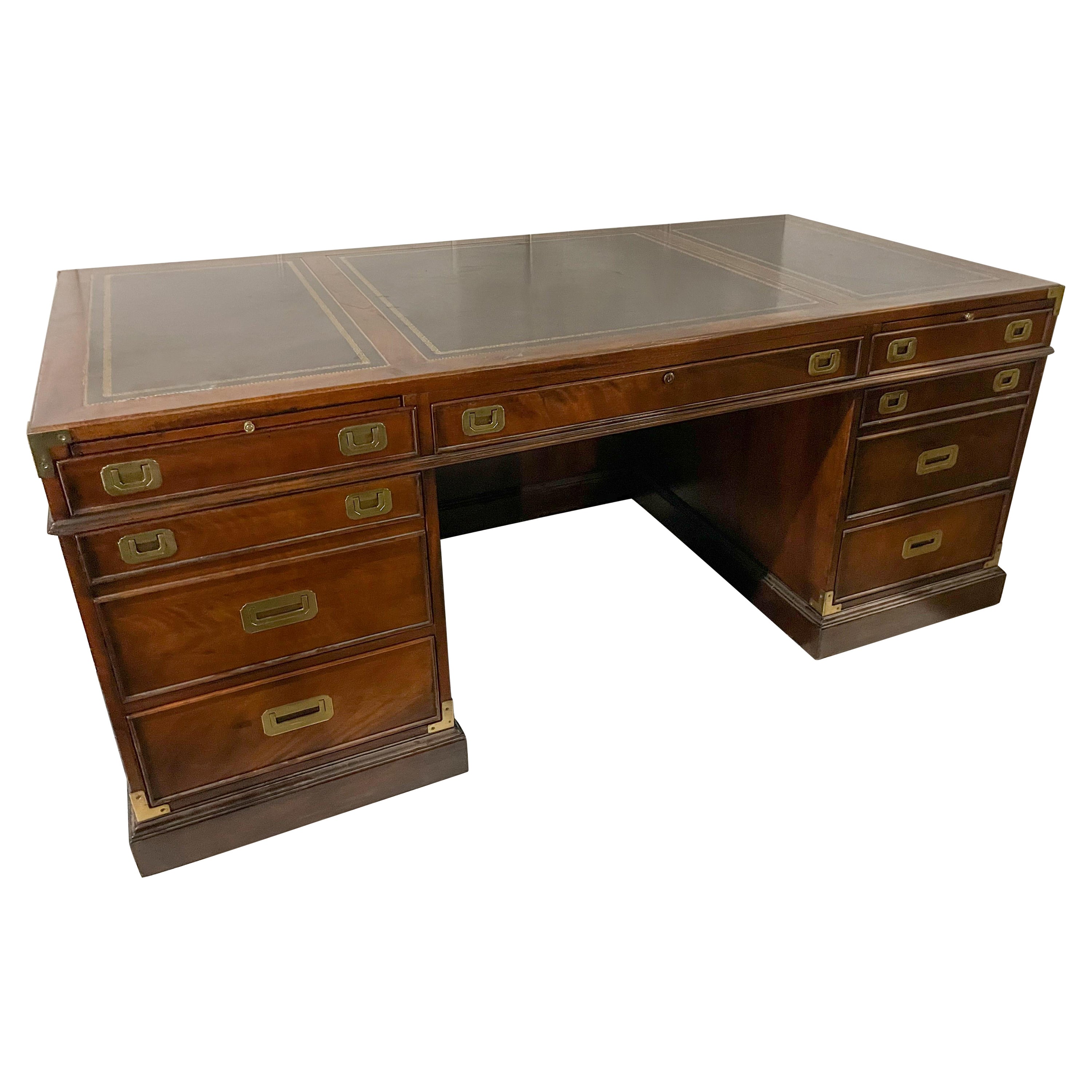 1970s English Mahogany Campaign Style Leather Top Executive Desk by Sligh