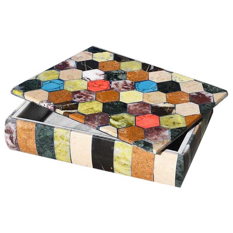 Colorful Semi Precious Stone Rectangular Jewelry or Trinket Box with Lid For Sale