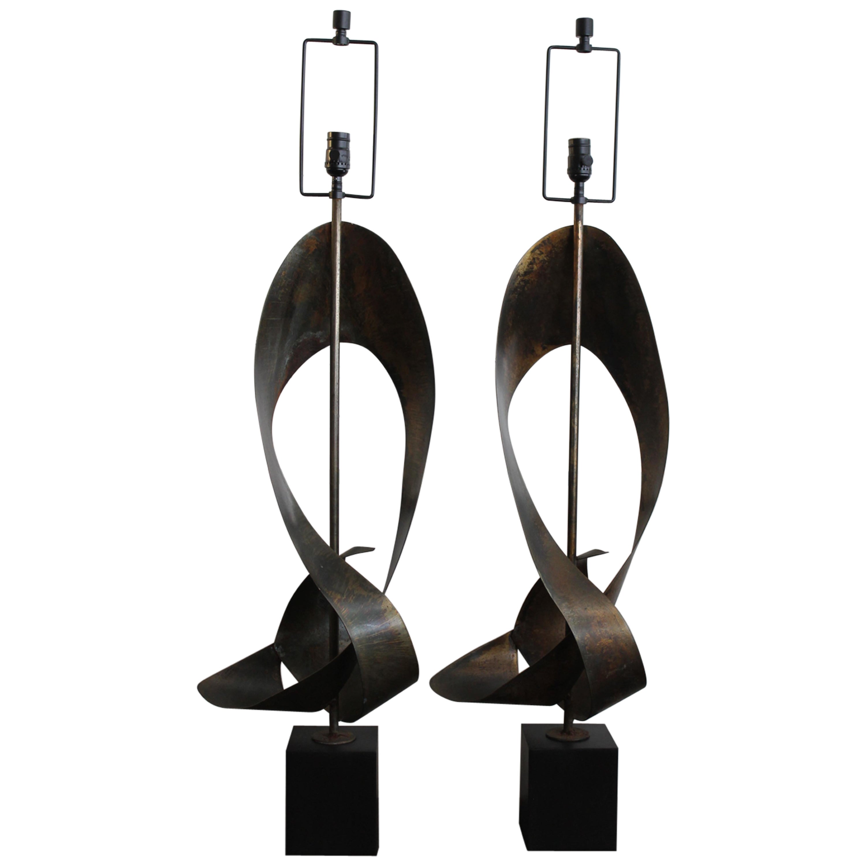 Pair of Brutalist Ribbon Cut Lamps by Richard Barr for the Laurel Lamp Co.