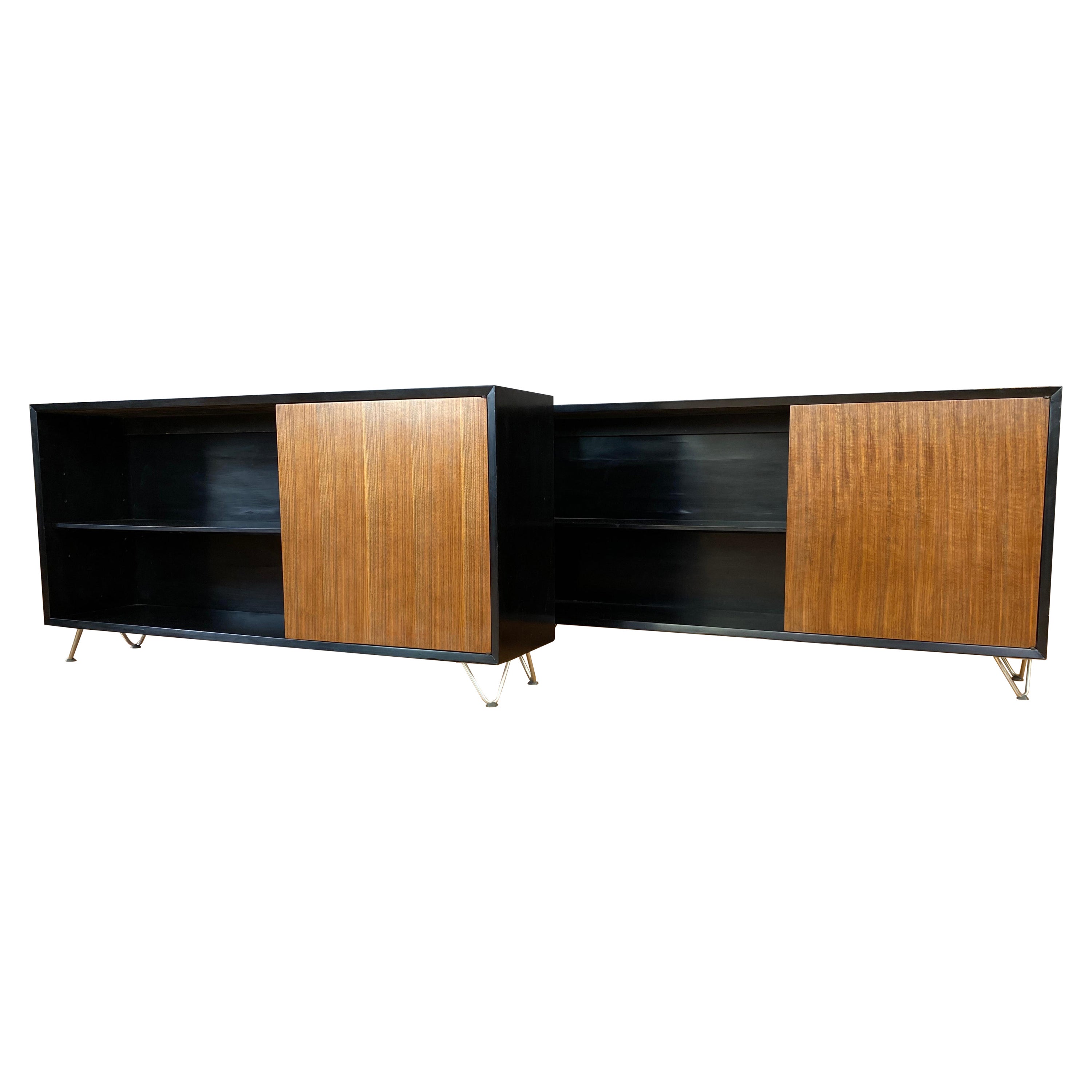 Pair George Nelson for Herman Miller Black Bookcases with Walnut Doors For Sale