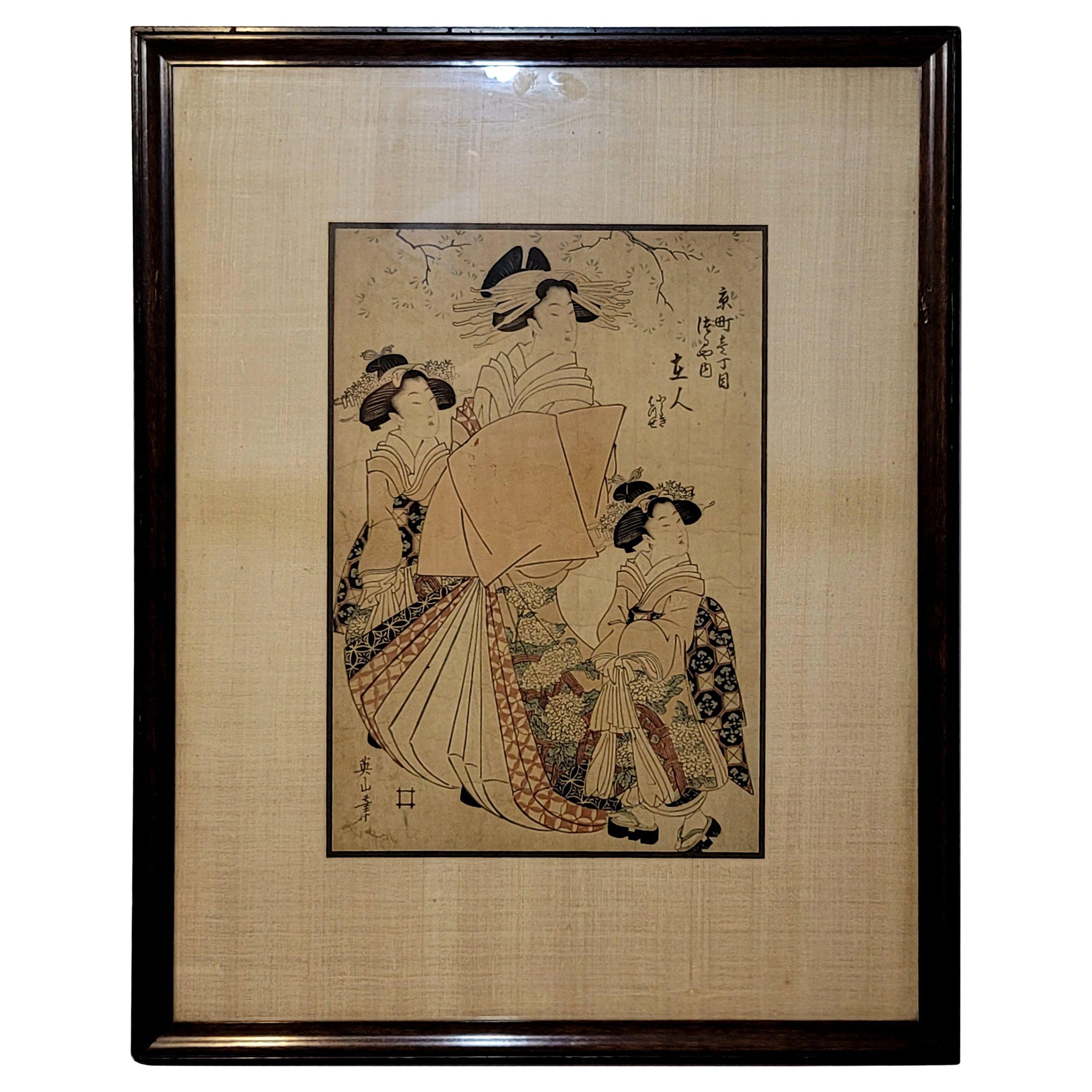 Japanese Woodblock Print " Three Geishas" Kikukawa Eizan (菊川英山) #1