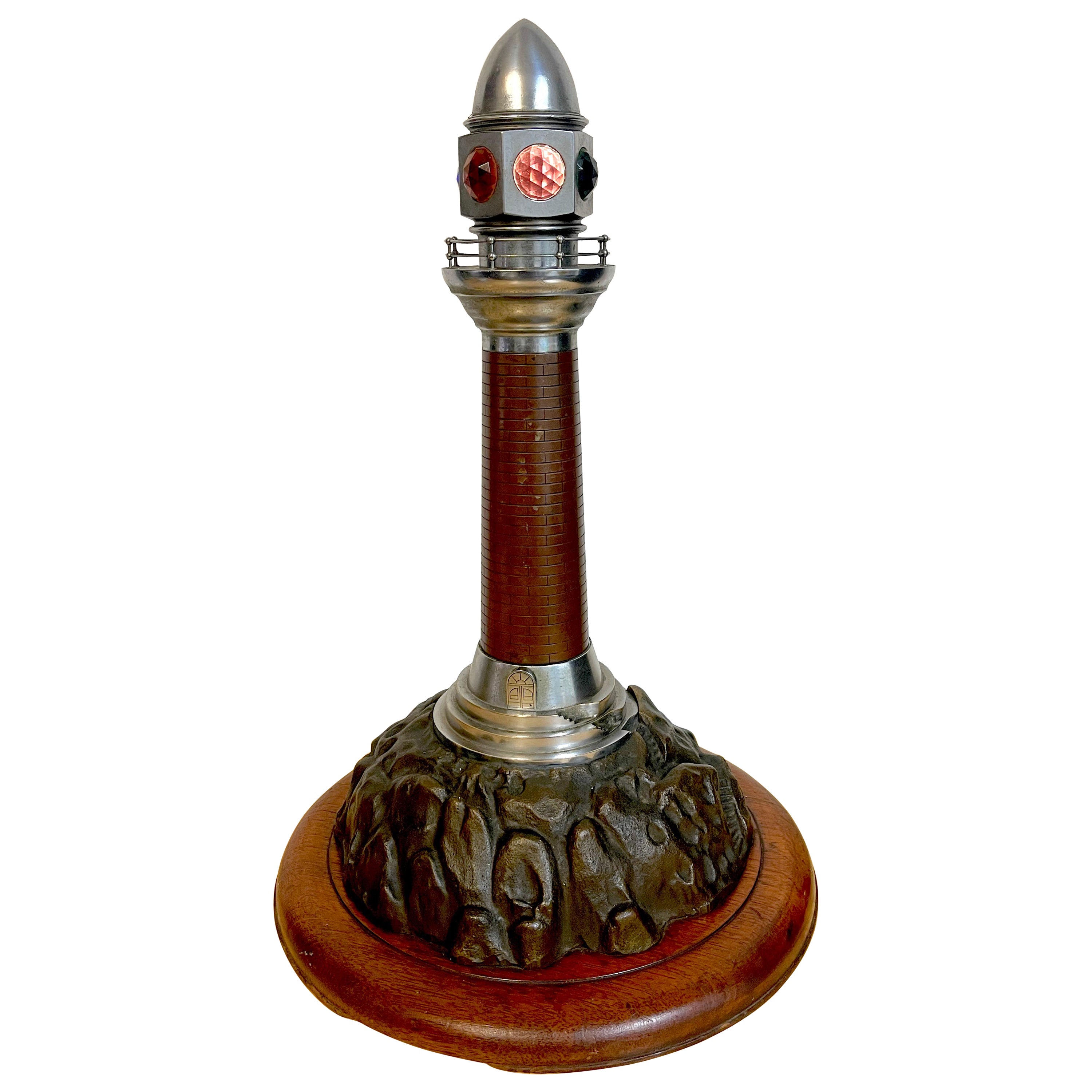 French Art Deco Bronze, Steel, Crystal and Wood Model of a Lighthouse Lamp