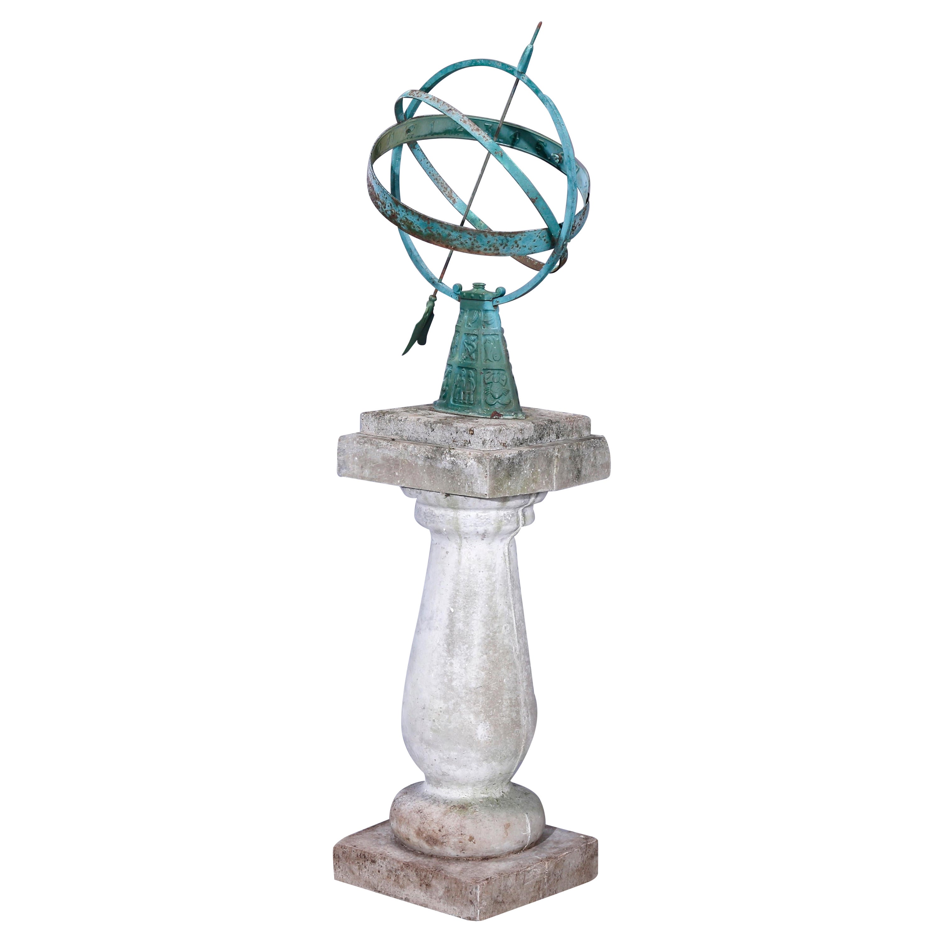 Swedish Verdigris Astrology Garden Armillary & Hard Stone Pedestal, 20th C