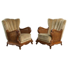 Pair of Danish Early 20th Century Caned Bergère Lounge Chairs in Oak and Mohair