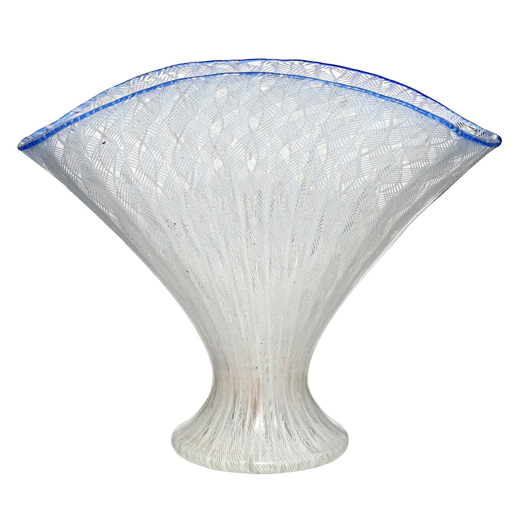 Murano Venetian Antique White Ribbons Italian Art Glass Fan Shaped Flower Vase For Sale