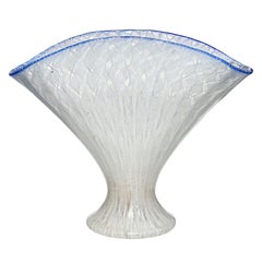 Murano Venetian Vintage White Ribbons Italian Art Glass Fan Shaped Flower Vase