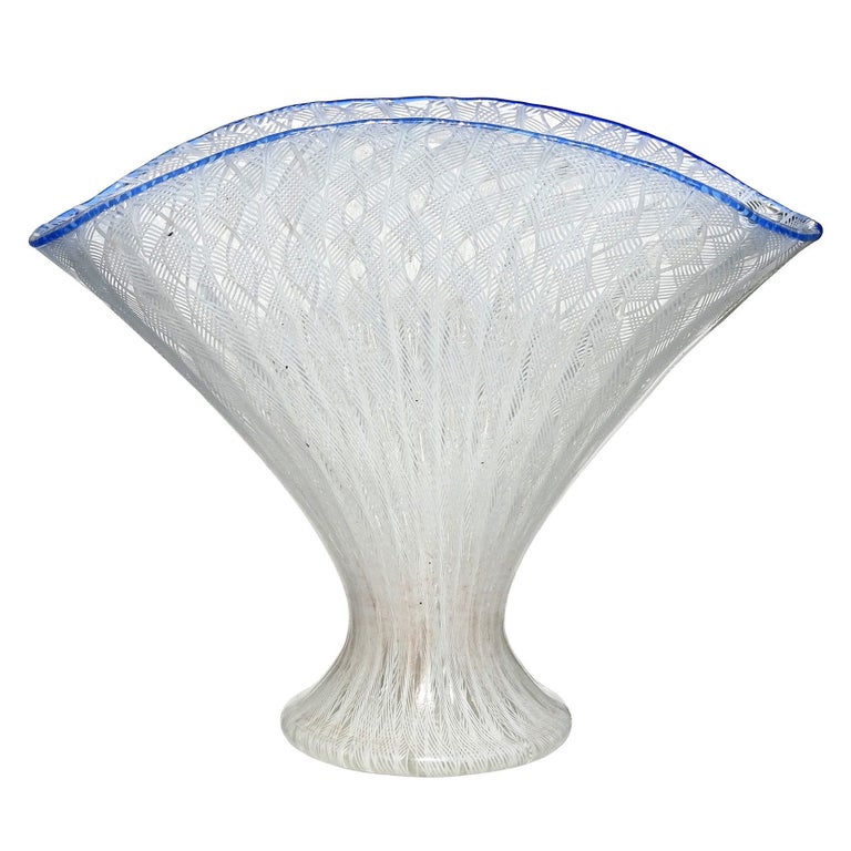 Murano Venetian Antique White Ribbons Italian Art Glass Fan Shaped Flower Vase For Sale