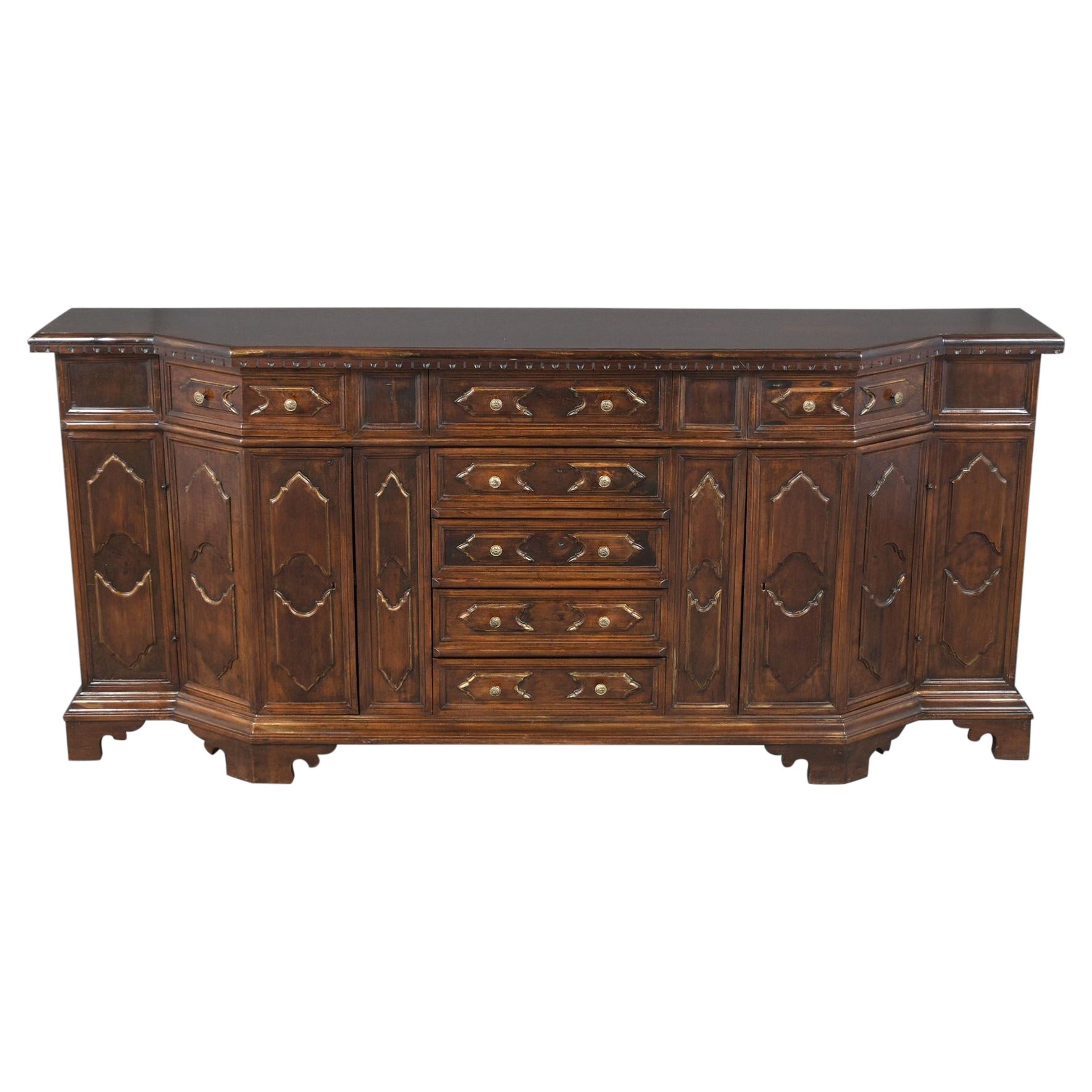 Restored Antique Baroque Walnut Buffet with Gilt Accents and Brass Knobs For Sale