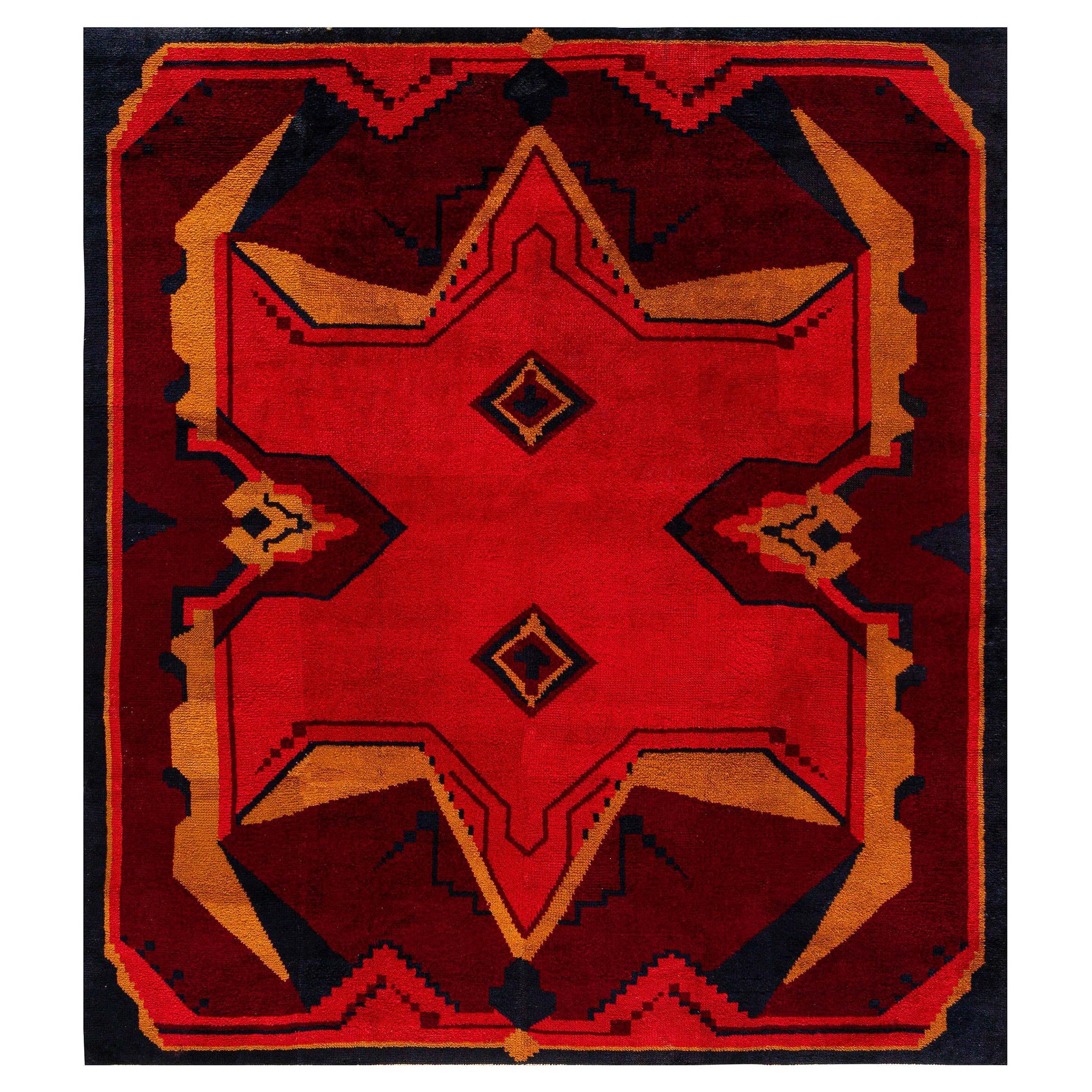 Vintage Art Deco Design Red Handmade Wool Rug For Sale