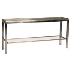 1970s Willy Rizzo Chromed Steel and Brass Signed Glass Shelves Table Console