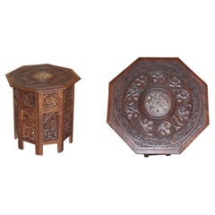 Antique Hand Carved Burmese Hardwood Antique Octagonal Side End Lamp Wine Table