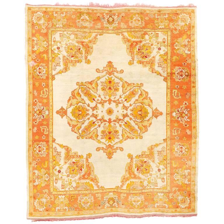 Beautiful Large Ivory-Ground Oushak Carpet, 19th Century