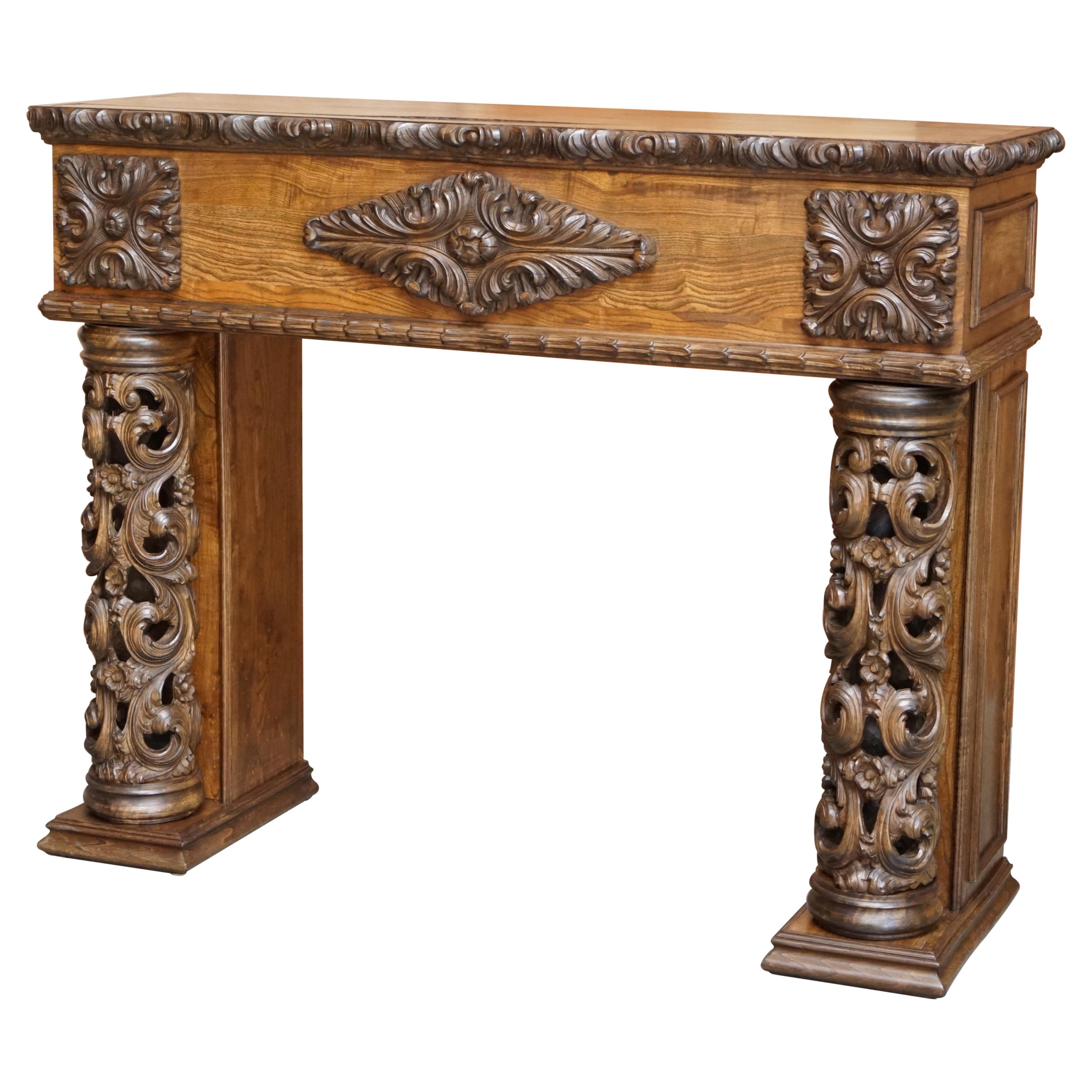 Antique circa 1880 Hand Carved Solid Elm Fireplace Mantlepiece Fretwork Columns For Sale