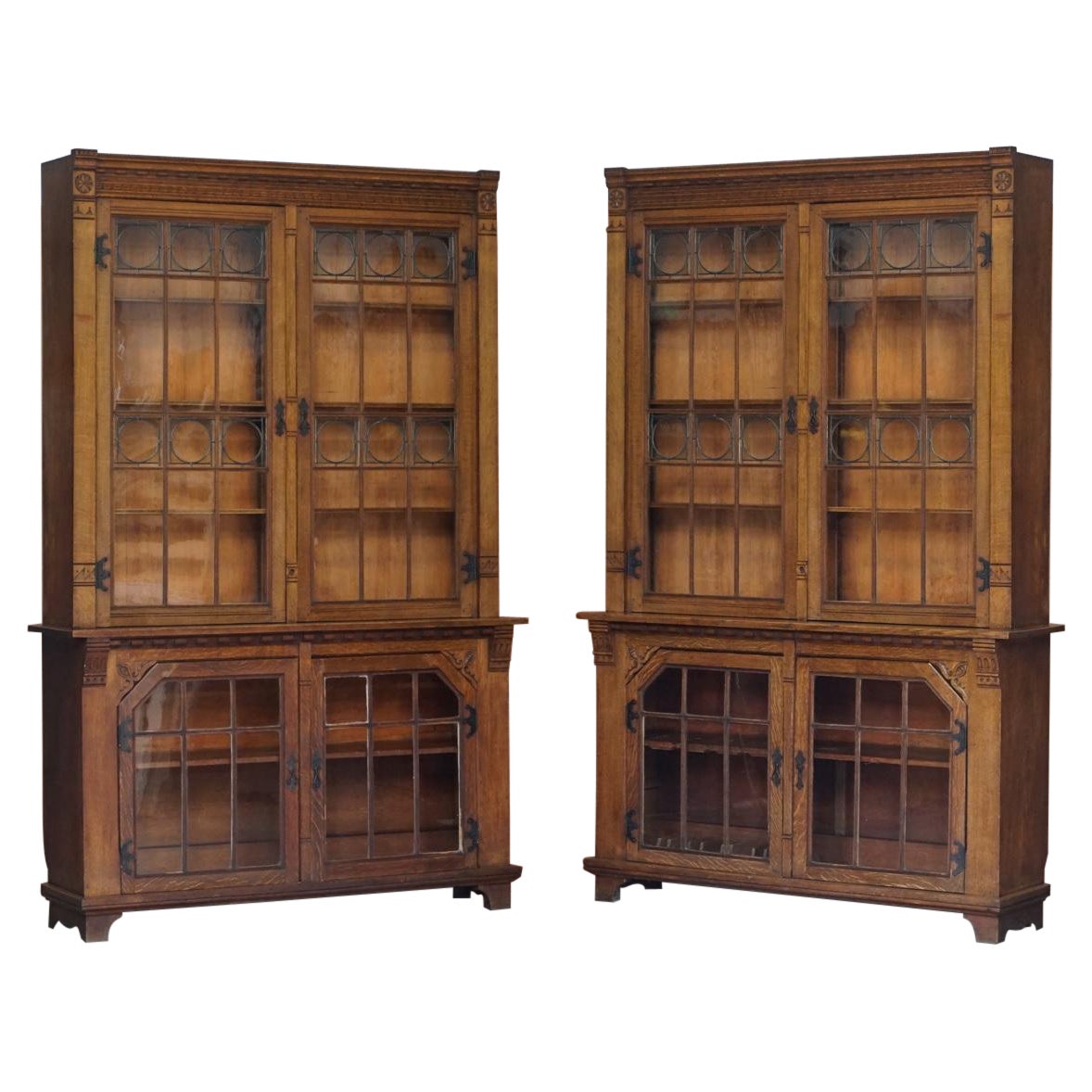 Stunning Pair of Huge Antique Victorian Oak Library Bookcases Leaded Glass Doors