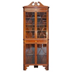 Stunning Antique Sheraton Revival Astral Glazed Inlaid Corner Bookcase Cabinet