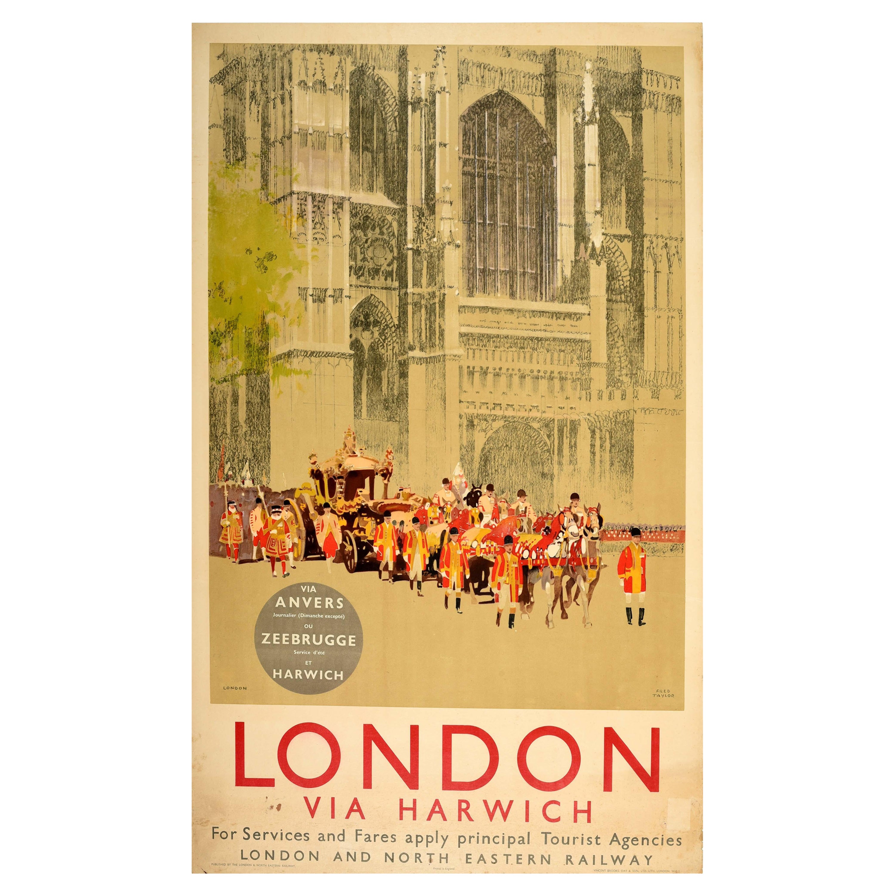 Original Vintage Railway Poster London Via Harwich LNER Travel Coach Procession
