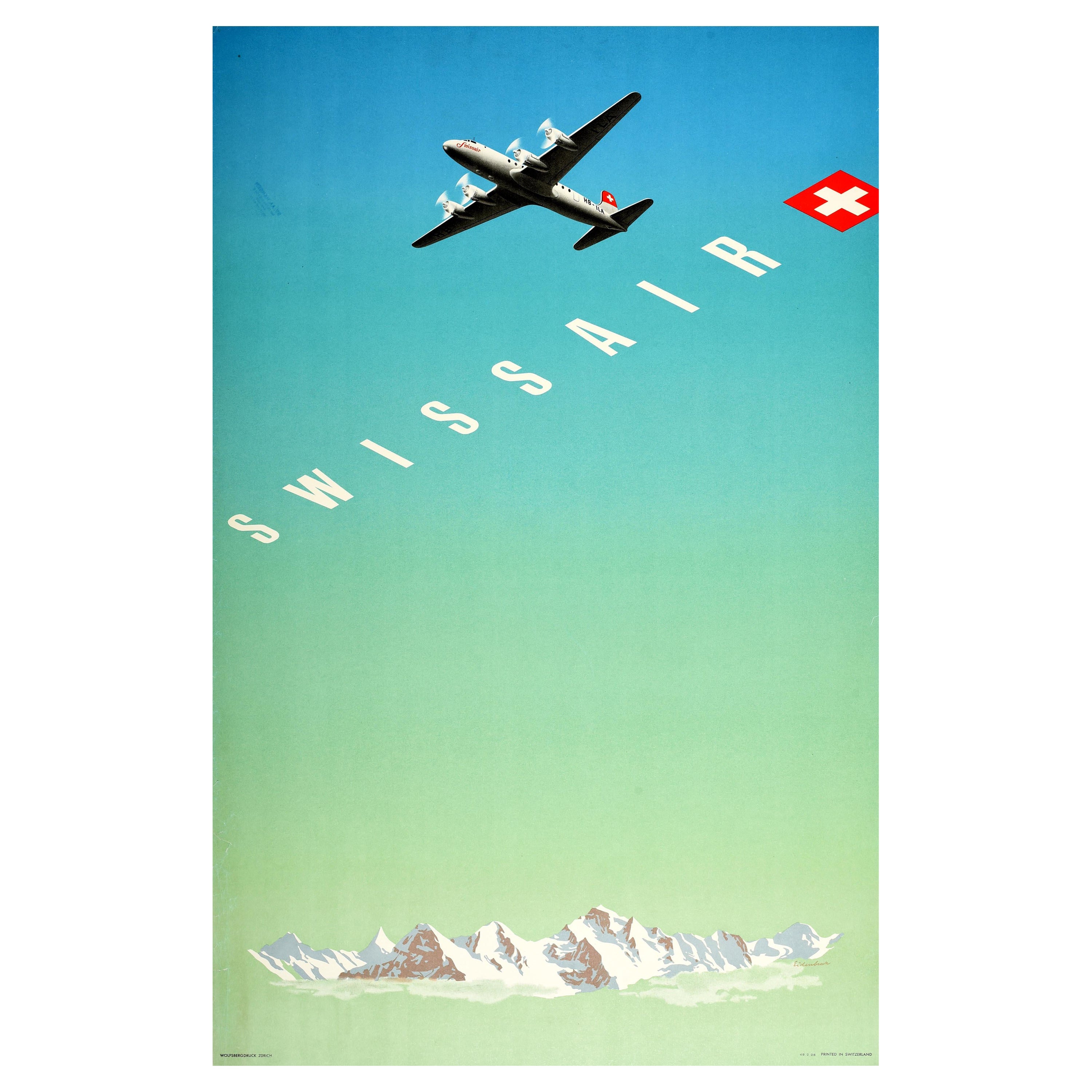 Original Vintage Travel Poster Swissair Switzerland Flag Swiss Alps Mountain Art