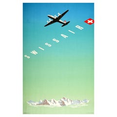 Affiche de voyage vintage d'origine Swissair Switzerland Flag Swiss Alps Mountain Art