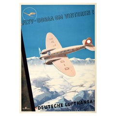 Original Vintage Poster Deutsche Lufthansa Flyv-Ogsaa Om Vinteren Winter Flights