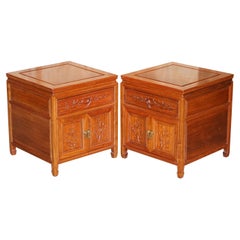 Vintage Pair of Oriental Teak Side End Lamp Wine Tables Drawers with Birds & Flowers