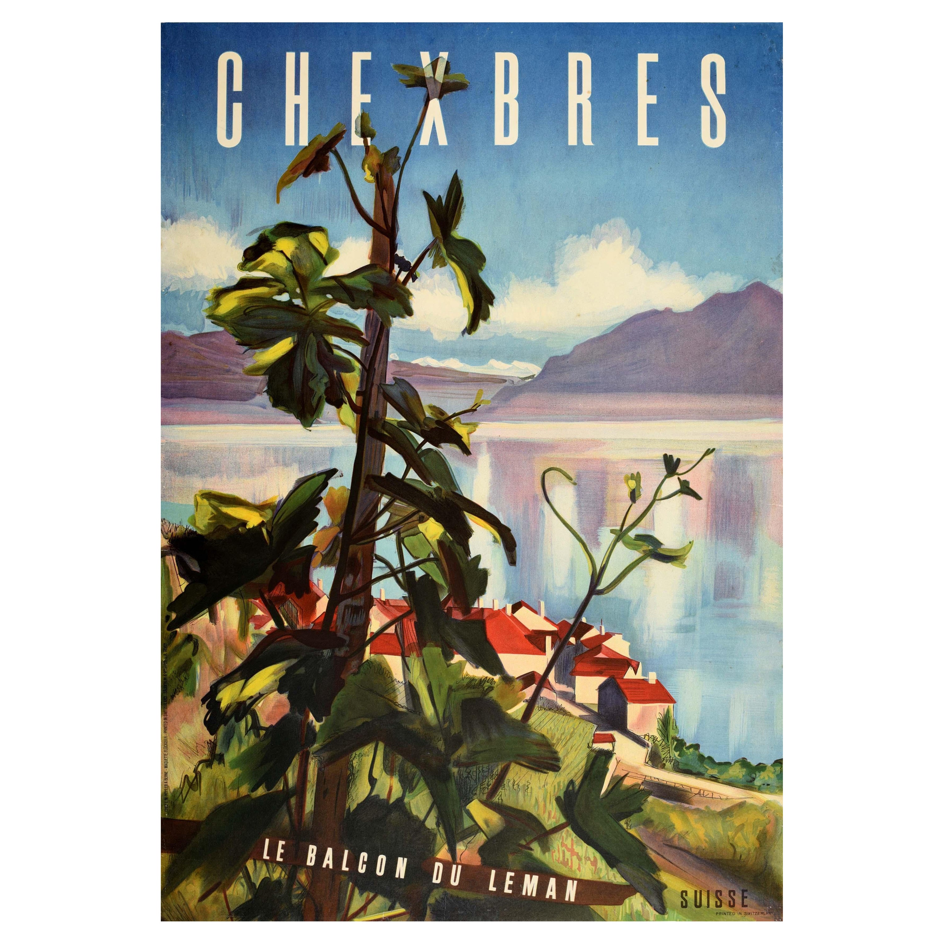 Original Vintage Poster Chexbres Le Balcon Du Leman Suisse Lake Geneva Vineyard For Sale