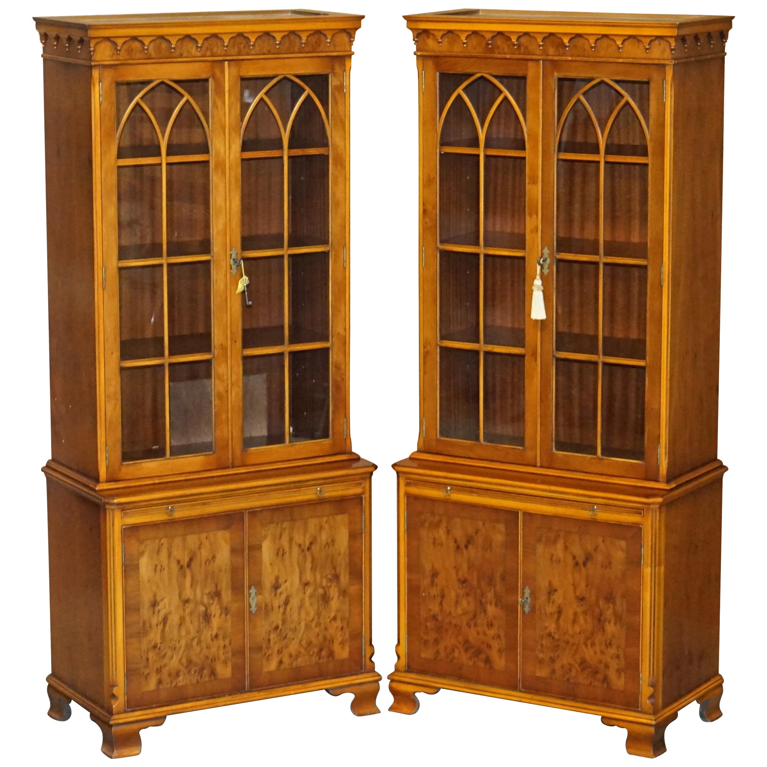 Pair of Vintage Bevan Funnell Burr Yew Wood Glazed Door Bookcase Cupboards