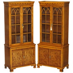 Pair of Vintage Bevan Funnell Burr Yew Wood Glazed Door Bookcase Cupboards