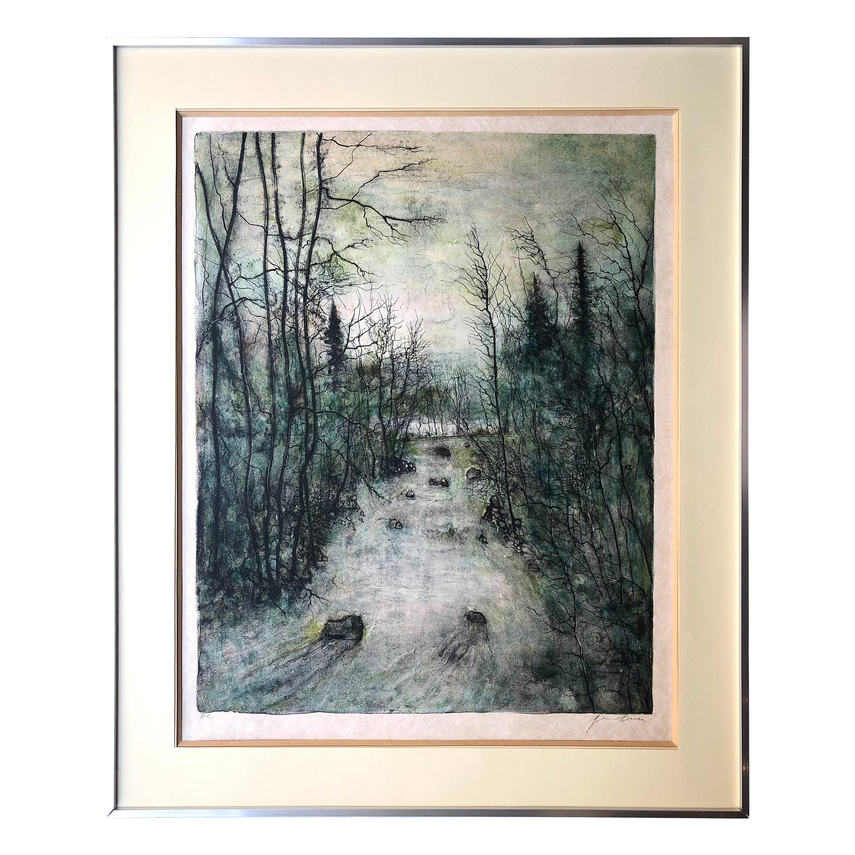 French Country Scene Lithograph Signed For Sale