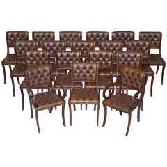 Set of 18 Restored Vintage Chesterfield Hardwood Brown Leather Dining Chairs