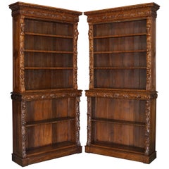 Antique Pair of circa 1860 Jacobean Revival English Carved Oak Library Bookcases