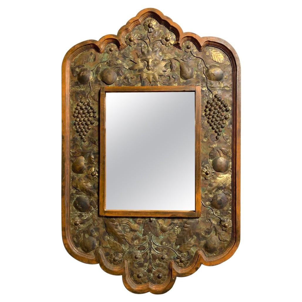 Mid Century Mexican Carved Mirror with Patinated and Gilt Copper Decoration