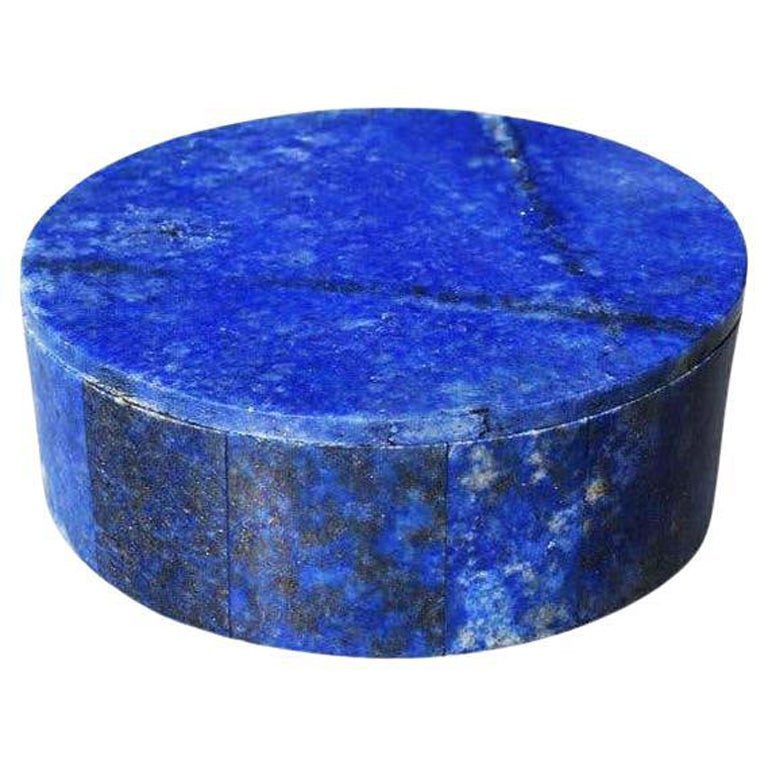 Round Blue Lapis Lazuli and Marble Stone Jewelry or Trinket Box with Lid For Sale