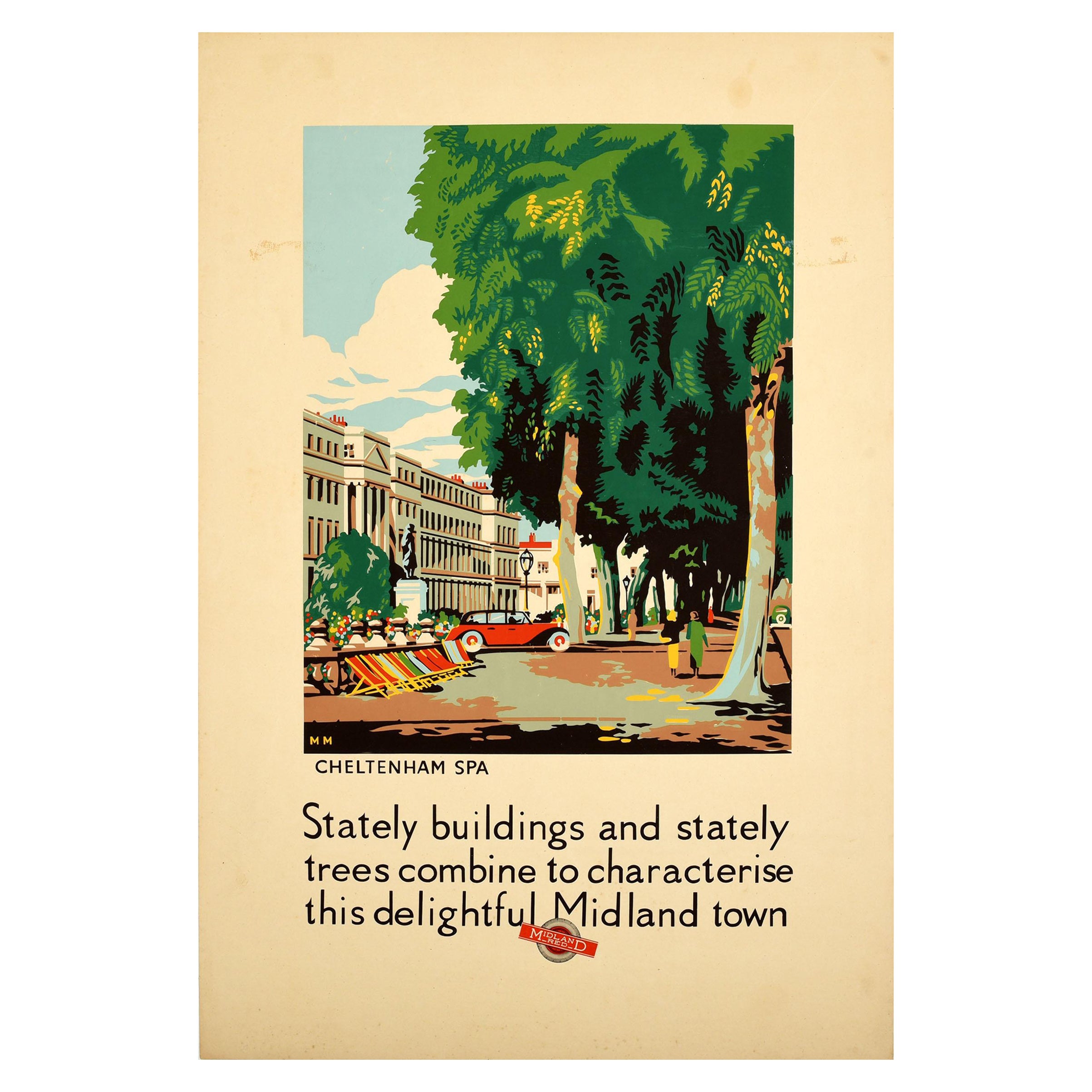 Original Vintage Travel Poster Cheltenham Spa Stately Buildings Midland Red Bus