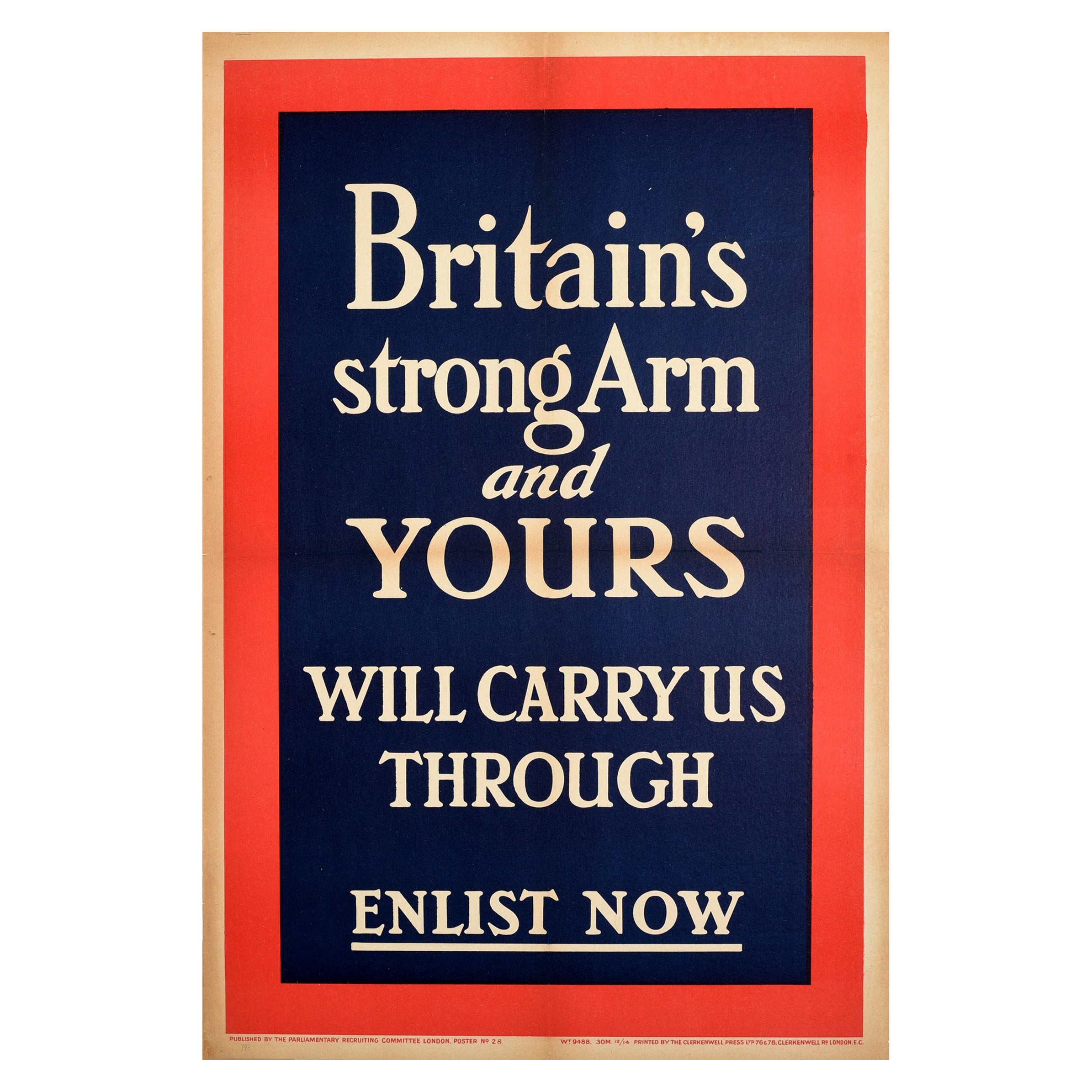 Affiche vintage d'origine d'antiquités - Britain's Strong Arm Enlist - Recrutement militaire de la Première Guerre mondiale en vente