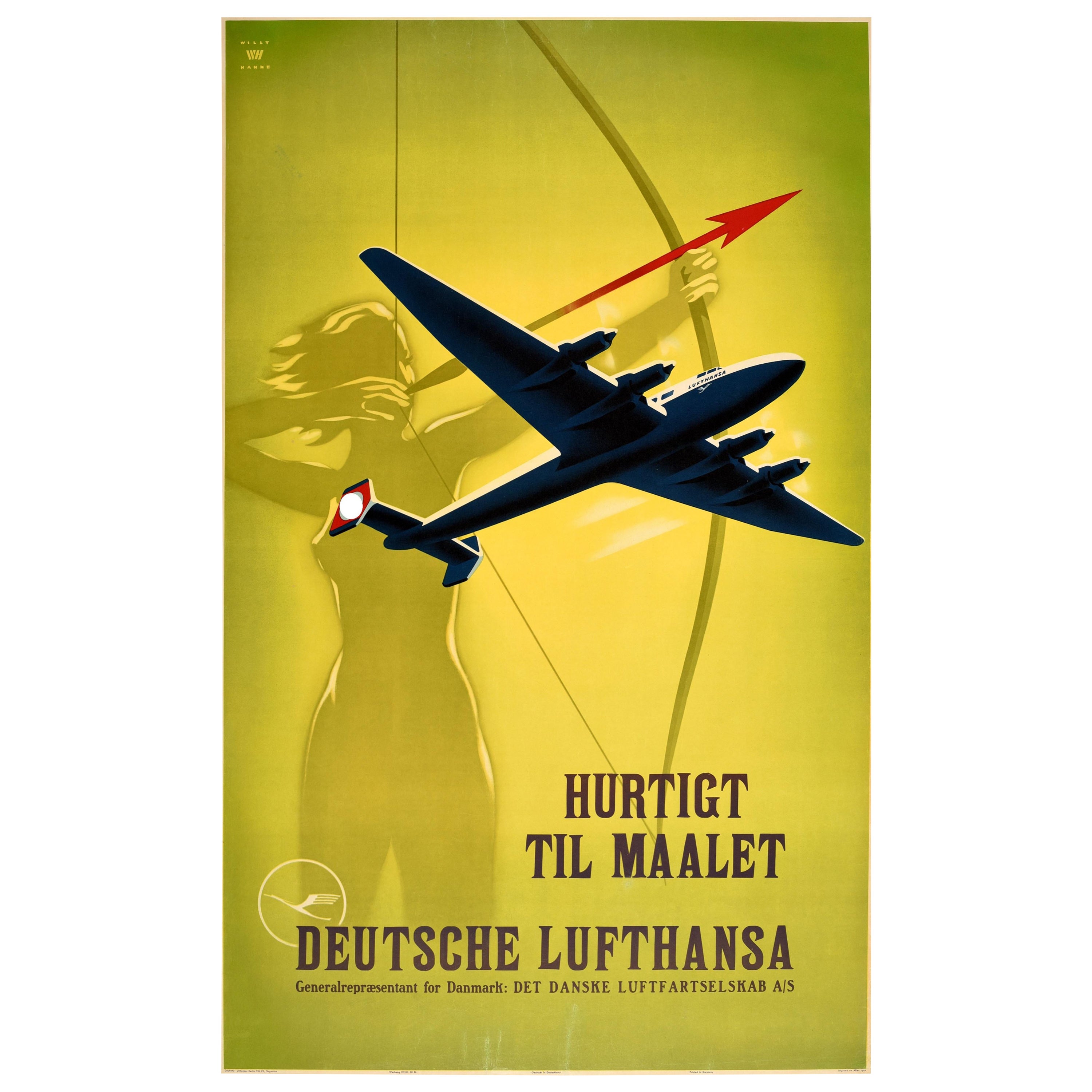 Original Vintage Travel Poster Deutsche Lufthansa Fast To The Goal Arrow Design For Sale