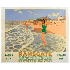 Original Vintage Railway Poster Ramsgate Main Sands Sun Health Fun Coast Travel