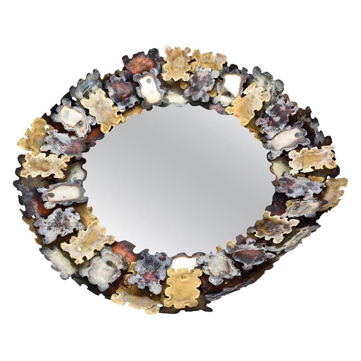 Silas Seandel Mixed Metals Torched Metal Jigsaw Round Puzzle Mirror Vintage For Sale