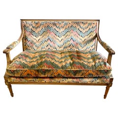 French Louis XVI Carved Settee Bench with Chevron Velvet Upholstery