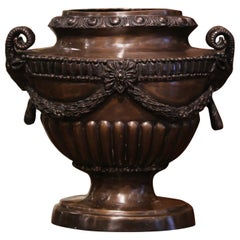 Vintage Mid-Century French Classical Patinated Bronze Urn with Ram Head Handles