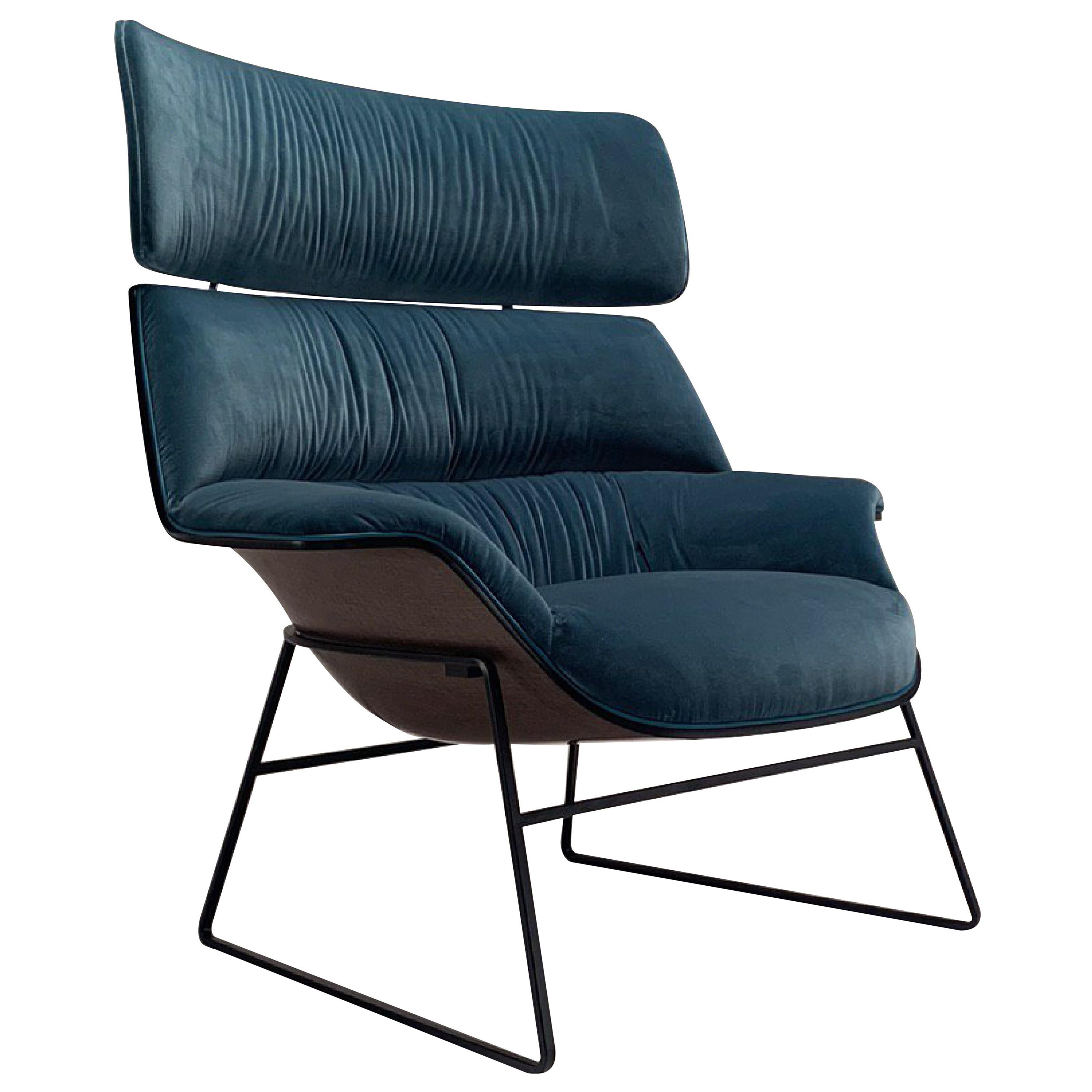 Saint Luc 'Coach 5' Lounge Chair in Blue Velvet with Headrest by J.M. Massaud For Sale
