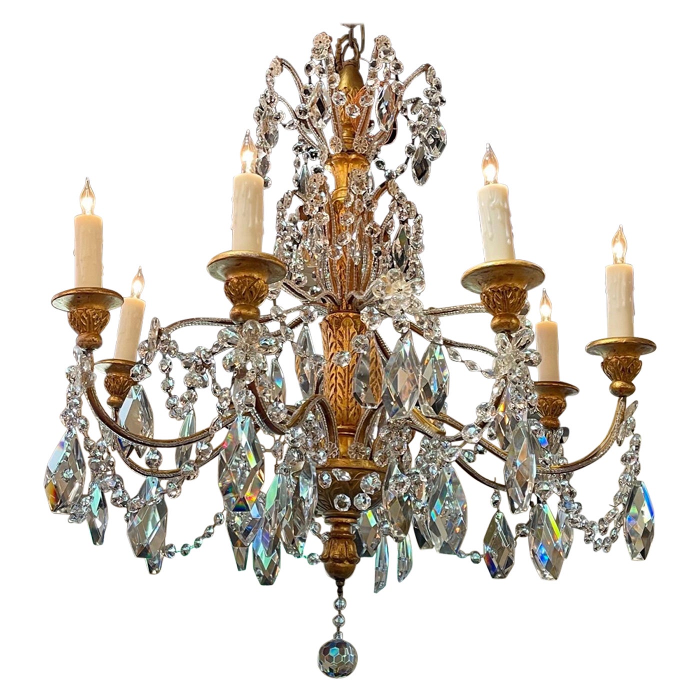 19th Century Beaded Crystal and Giltwood 8 Light Chandelier For Sale