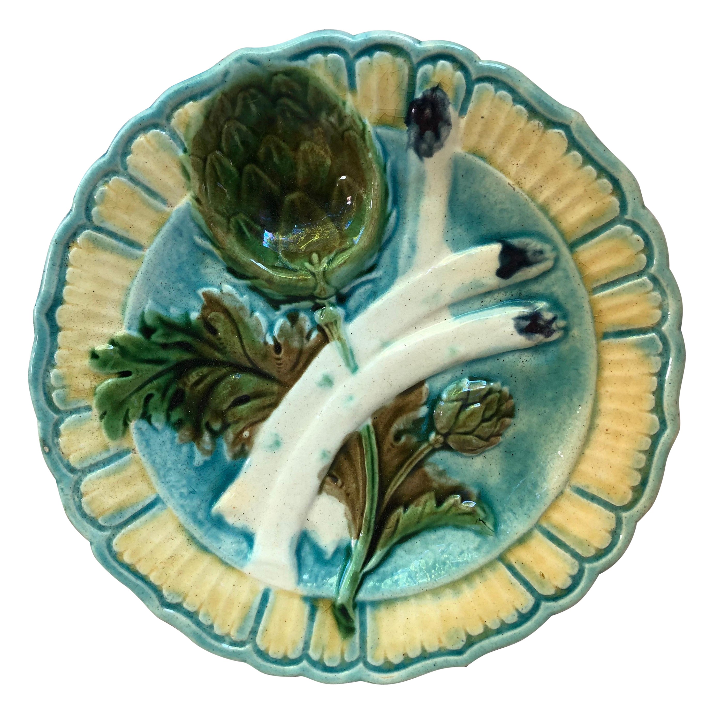 Piatto di asparagi in maiolica Salins, 1890 circa