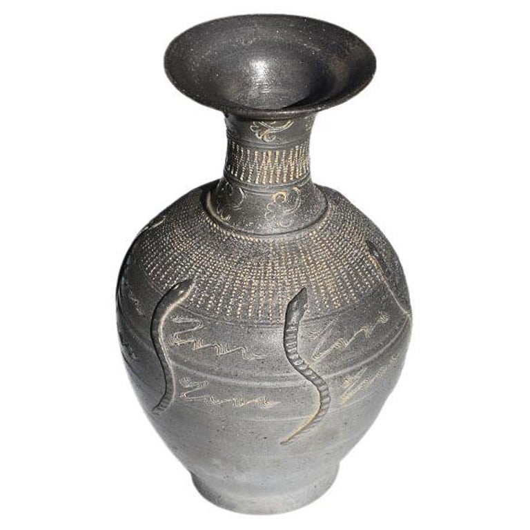 Antique Black Stoneware Etched Snake Motif Vase, Signed