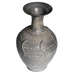 Antique Black Stoneware Etched Snake Motif Vase, Signed