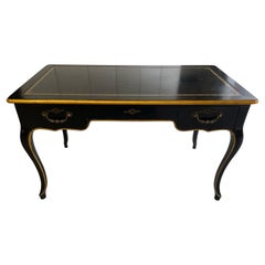 French Black Lacquer and Leather Top Writing Desk by Baker