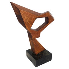 Signed Modern Abstract Constructivist Styled Wooden Oak Sculpture on Wood Base