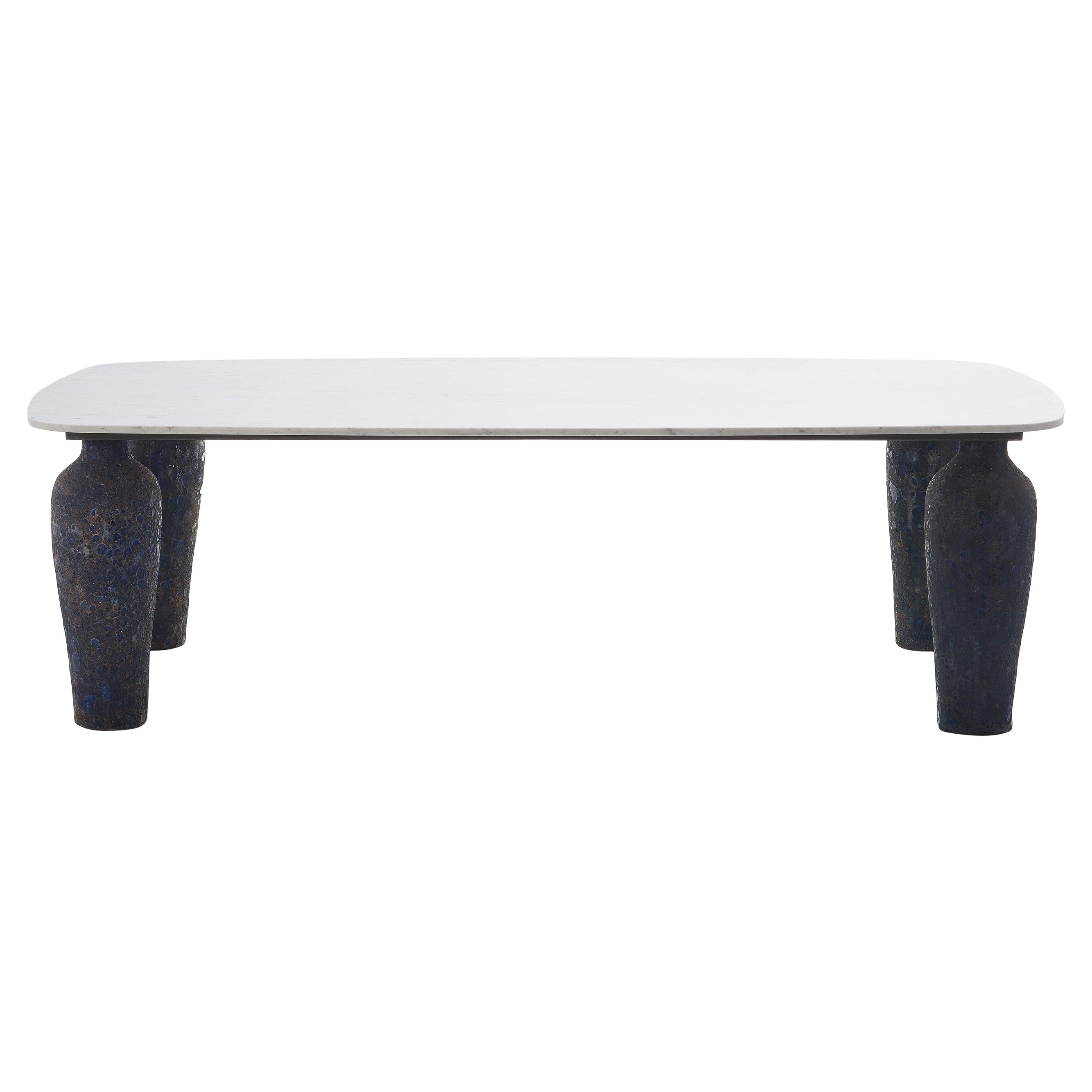 Gervasoni Moon 33 Table with Blue Ceramic Base & White Carrara Marble Top For Sale