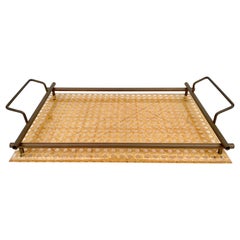 Serving Tray Lucite, Brass & Rattan Christian Dior Style, Italy, 1970s