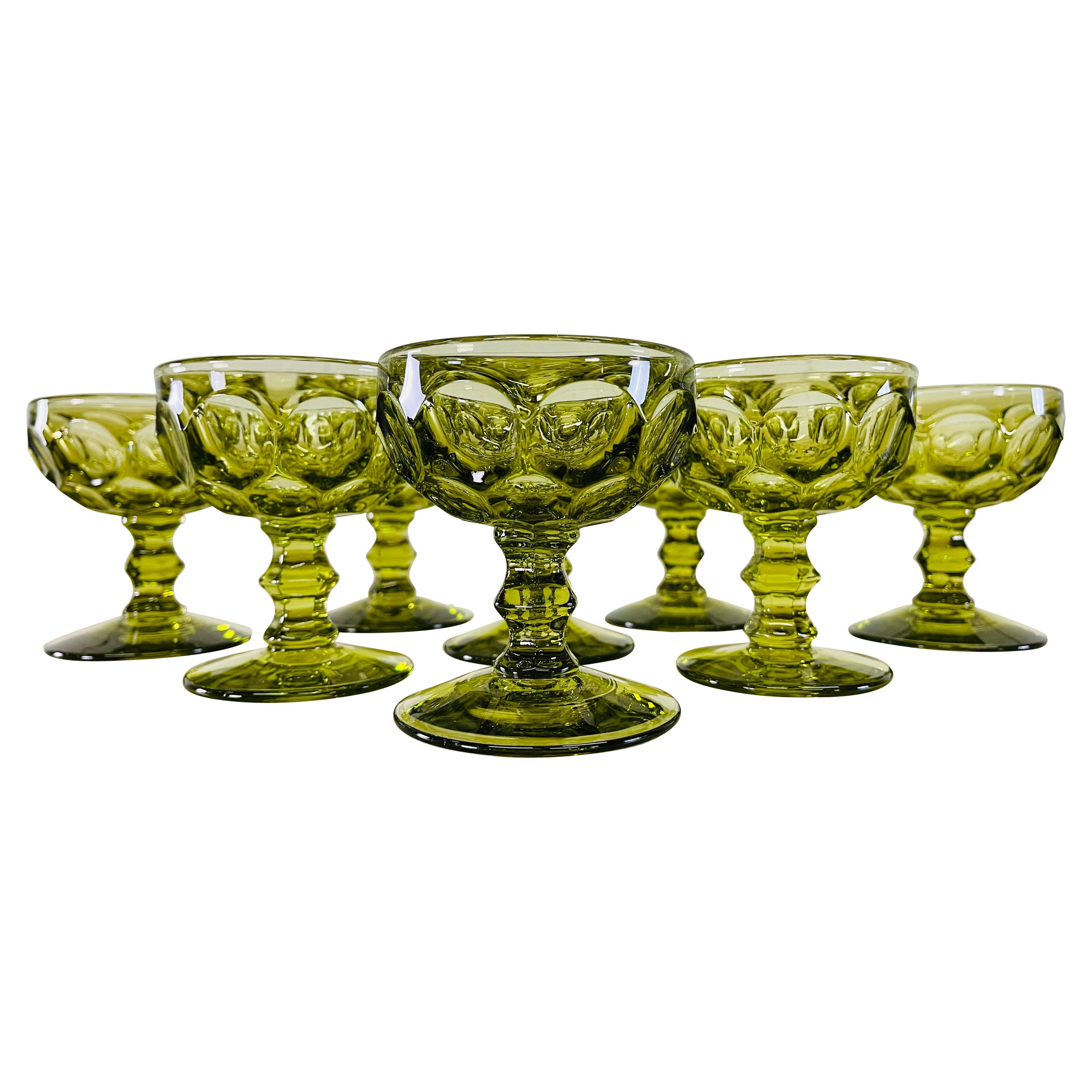 1960s Green Thumbprint Glass Coupes, Set of 8