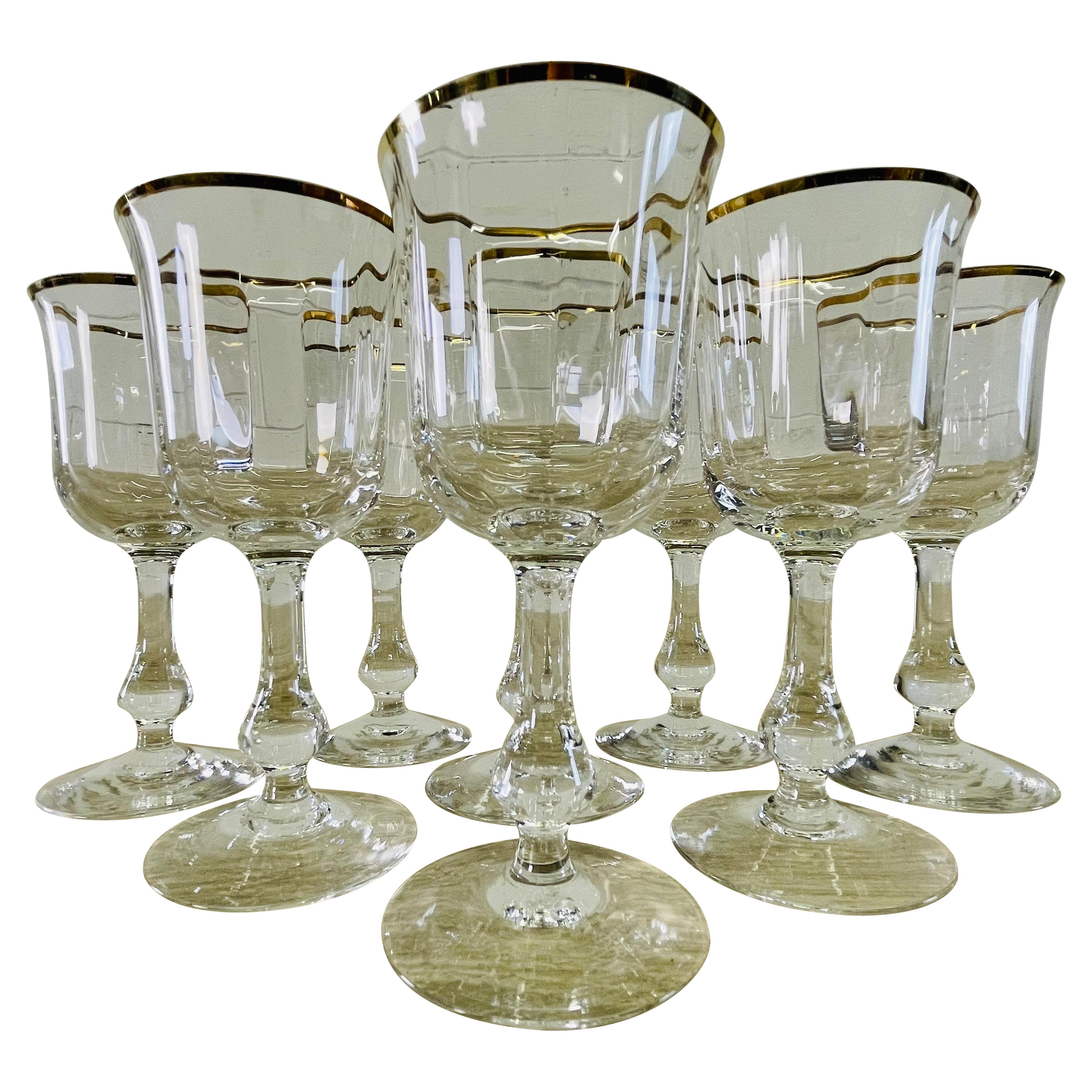 1970s Gold Rim Glass Wine Stems, Set of 8